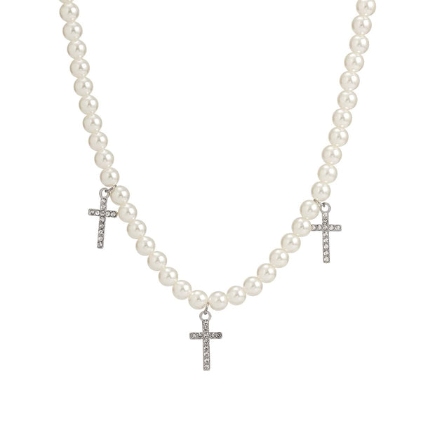 Iced Up London Iced Cross Pendant Pearl Necklace