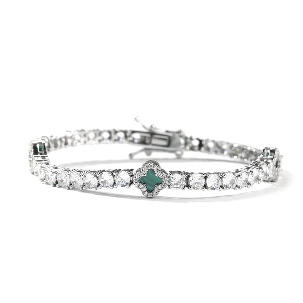 Iced Up London White Gold Plated / 7inch 4mm Green Four Leaf Clover Tennis Bracelet (White Gold)