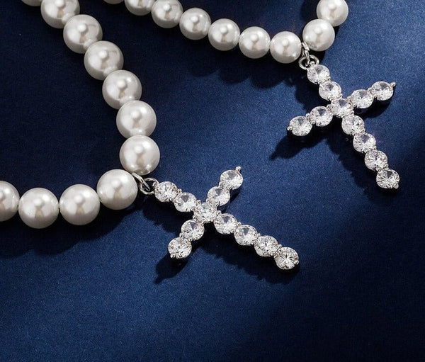 Iced Up London 8/10mm Pearl Necklace <br> Cross Pendant