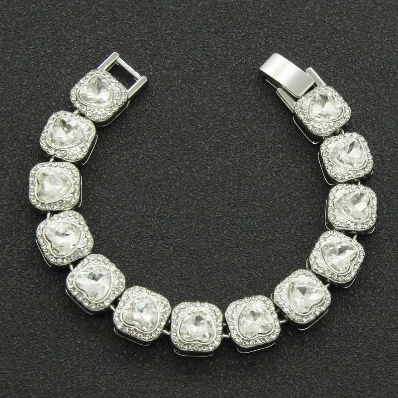 Iced Up London 7inch Cluster Diamond Heart Bracelet - White Gold