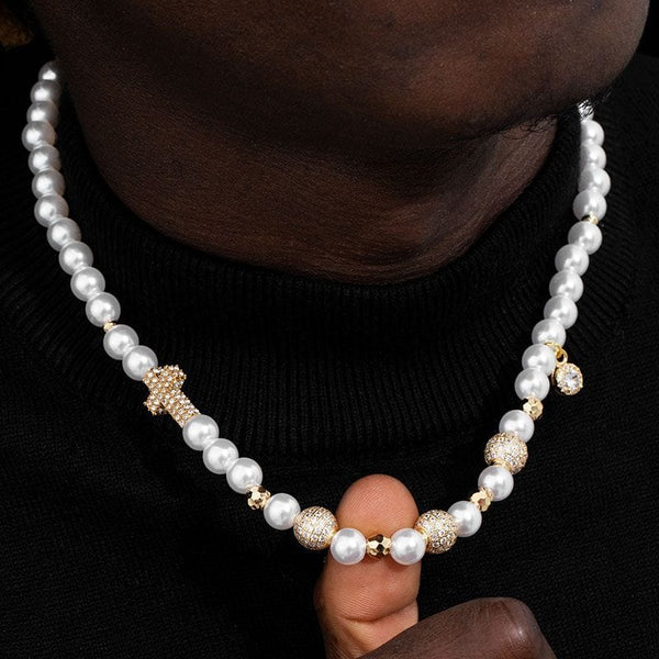 Iced Up London Iced Cross & Beads Pearl Necklace