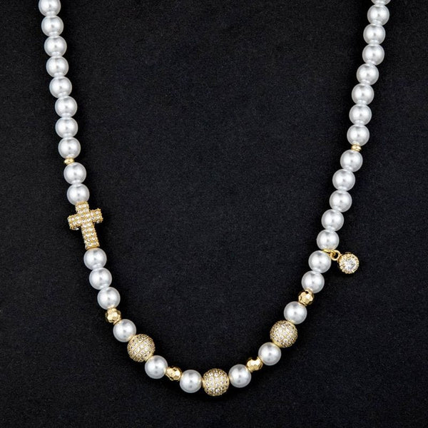 Iced Up London Iced Cross & Beads Pearl Necklace