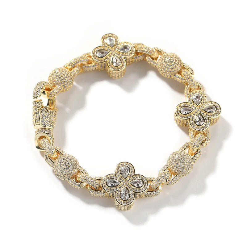 Iced Up London 18K Gold Plated / 7inch Iced Out Bead Bracelet With Diamond Flowers (18K Gold)