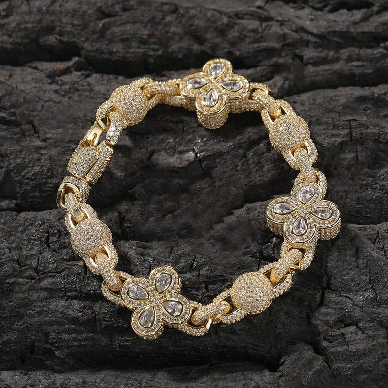 Iced Up London Iced Out Bead Bracelet With Diamond Flowers (18K Gold)