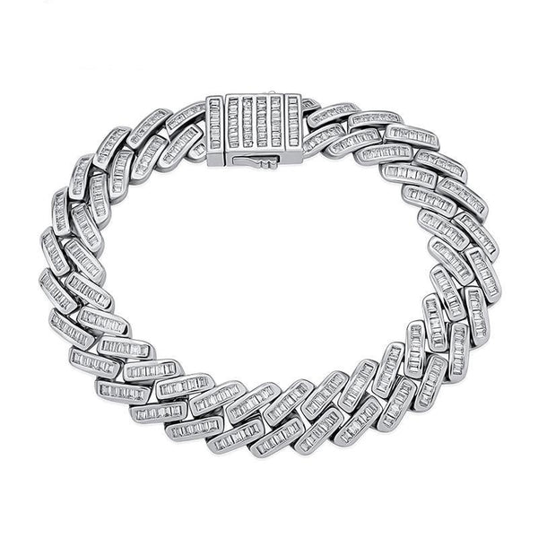 Iced Up London White Gold Plated / 7 inch / 18 cm Iced Out Bracelet <br> 12mm Baguette Prong <br> (White Gold)