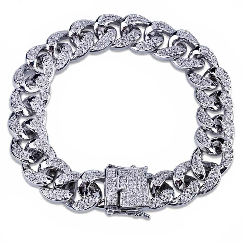 Iced Up London Bracelet White Gold Plated / 7 inch / 18 cm Iced Out Bracelet <br> 14mm Cuban Link <br> (White Gold)