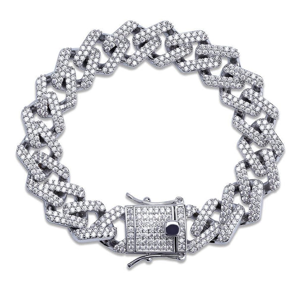 Iced Up London Bracelet White Gold Plated / 7 inch / 18 cm Iced Out Bracelet <br> 14mm Prong Cuban Link <br> (White Gold)