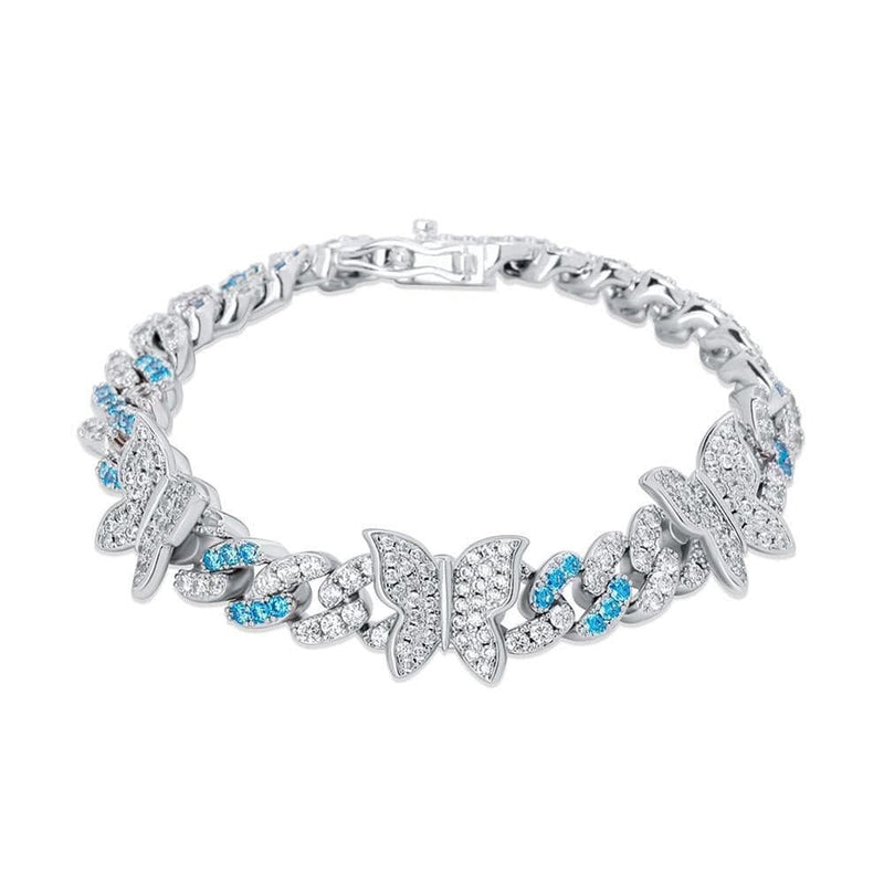 Iced Up London White Gold / 7 inch / 18 cm Iced Out Bracelet <br> Butterfly Cuban <br> (Blue & White Gold)