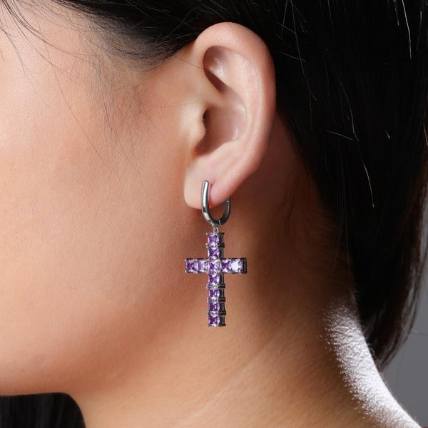 Iced Up London Earring White Gold Plated Iced Out Earring <br> Cross <br> (White Gold Purple)