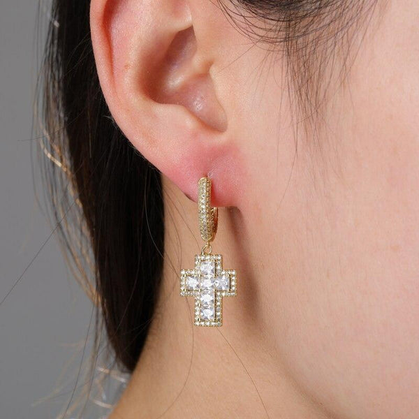 Iced Up London Earring 18K Gold Plated Iced Out Earrings <br> Baguette Cross <br> (18K Gold)