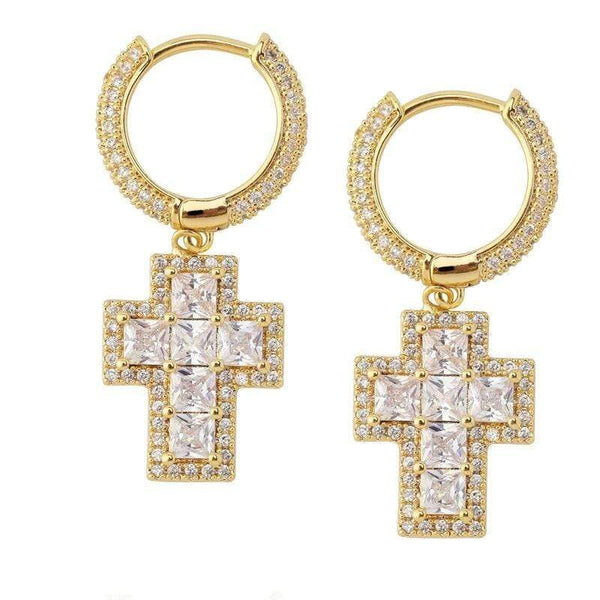 Iced Up London Earring 18K Gold Plated Iced Out Earrings <br> Baguette Cross <br> (18K Gold)