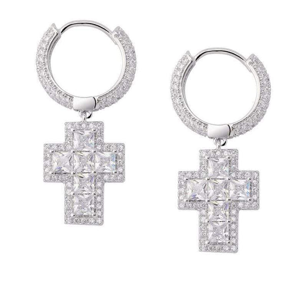 Iced Up London Earring White Gold plated Iced Out Earrings <br> Baguette Cross <br> (White Gold)