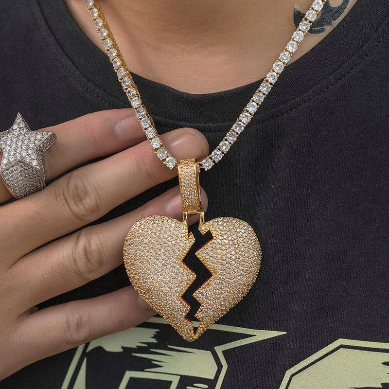 Gold Broken Heart Iced Chain 18k Gold Heartbreak Pendant Chain