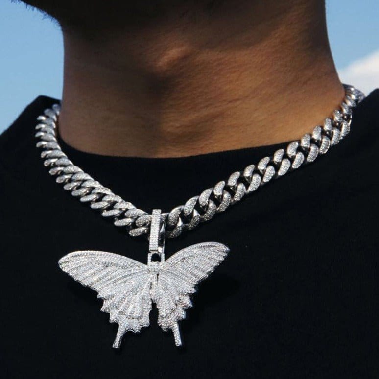 Iced Up London Pendant White Gold Plated / Rope chain / 18inch Iced Out Pendant <br> Butterfly <br> (White Gold)