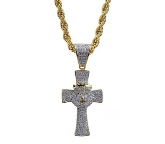Iced Up London Pendant Rope Chain / 18 inch Iced Out Pendant <br> Cross Lion Head <br> (18K Gold)