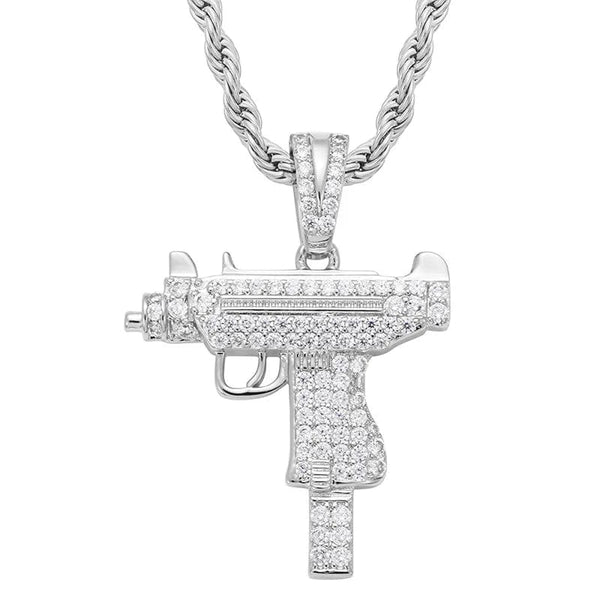 Iced Up London White Gold Plated / 18inch / Rope Chain Iced Out Pendant <br> CZ Gun <br> (White Gold)