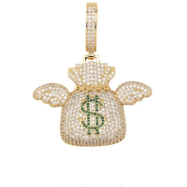 Iced Up London Pendant 14K Gold Plated / Rope chain / 18inch Iced Out Pendant <br> Flying Money Bag <br> (14K Gold)