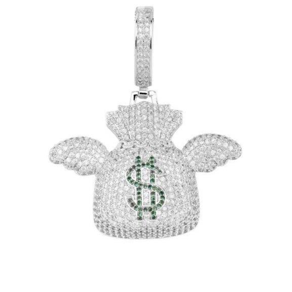 Iced Up London Pendant White Gold Plated / Rope chain / 18inch Iced Out Pendant <br> Flying Money Bag <br> (White Gold)
