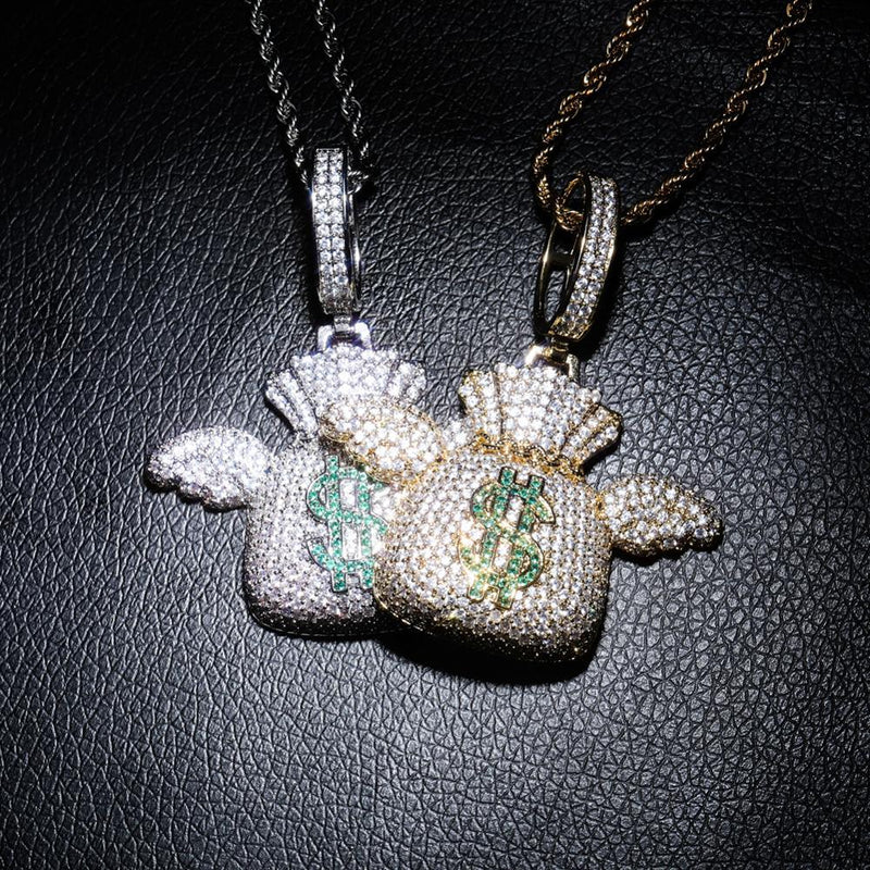 Iced Up London Pendant Iced Out Pendant <br> Flying Money Bag <br> (White Gold)