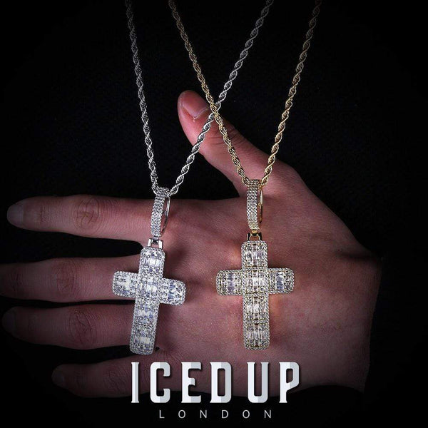 Iced Up London Pendant Iced Out Pendant <br> Large Baguette Cross <br> (White Gold)