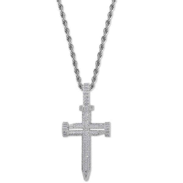 Iced Up London Pendant White Gold Plated / Rope Chain / 20 inch Iced Out Pendant <br> Nail Cross <br> (White Gold)