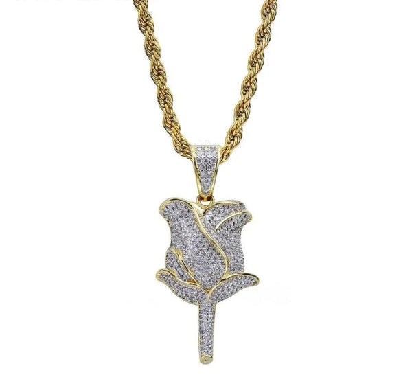 Iced Up London Pendant 18K Gold Plated / Rope Chain / 30 inch Iced Out Pendant <br> Rose Flower <br> (18K Gold)