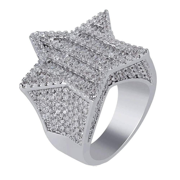 Iced Up London Ring 7 / White Gold Plated Iced Out Ring <br> Baguette Star <br> (White Gold)