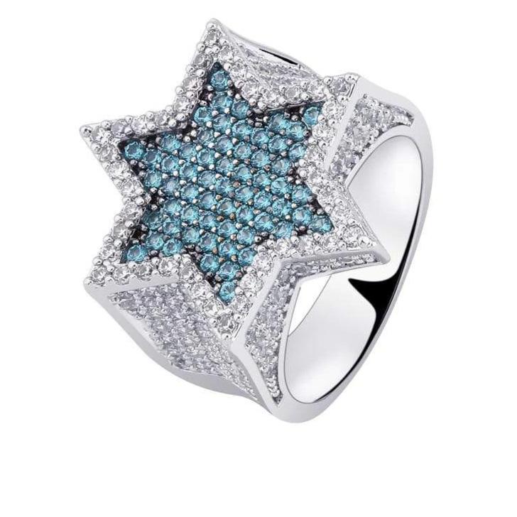 Iced Up London Ring 7 / White Gold Plated Iced Out Ring <br> Blue Star <br> (White Gold)