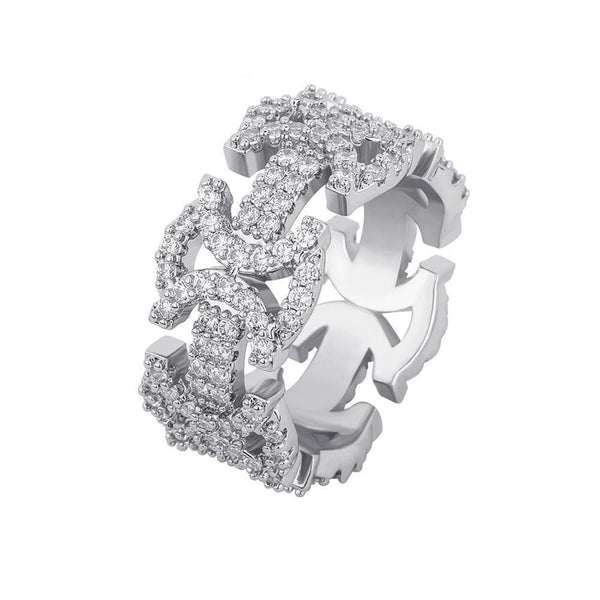 Iced Up London Ring 7 / White Gold Plated Iced Out Ring <br> Butterfly Link <br> (14K Gold)