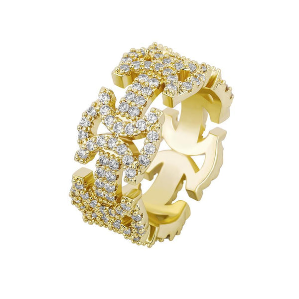 Iced Up London Ring 7 / 14K Gold Plated Iced Out Ring <br> Butterfly Link <br> (14K Gold)