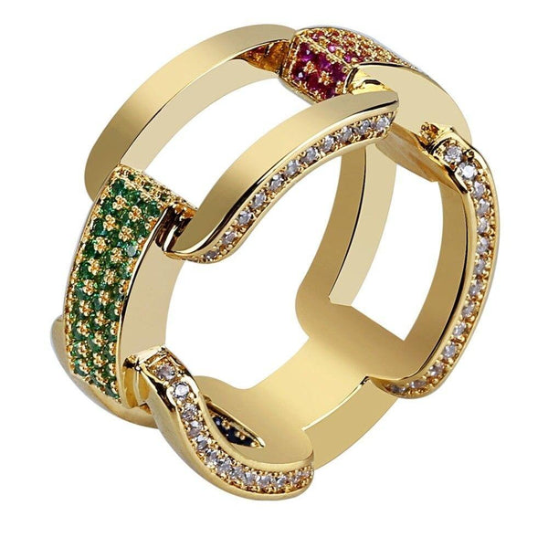 Iced Up London Ring 7 / 14K Gold Plated Iced Out Ring <br> Diamond Link <br> (14K Gold)