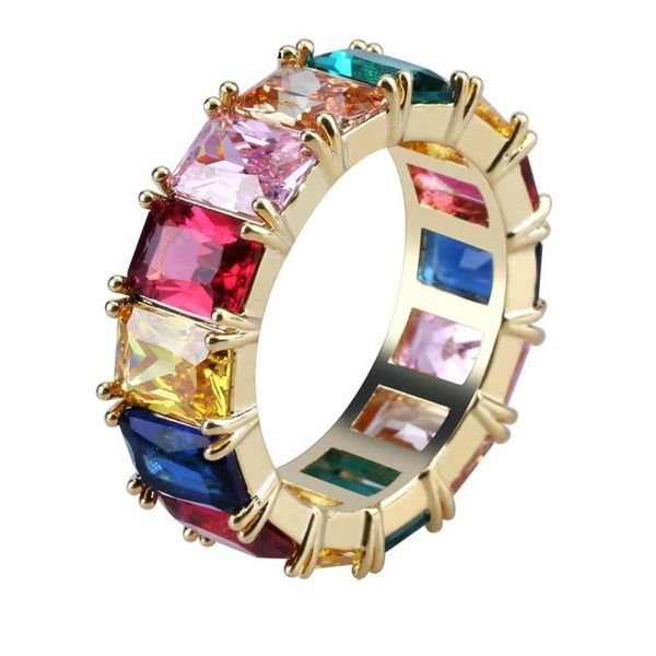 Iced Up London Ring 7 / 14K Gold Plated Iced Out Ring <br> Rainbow Tennis <br> (14K Gold)