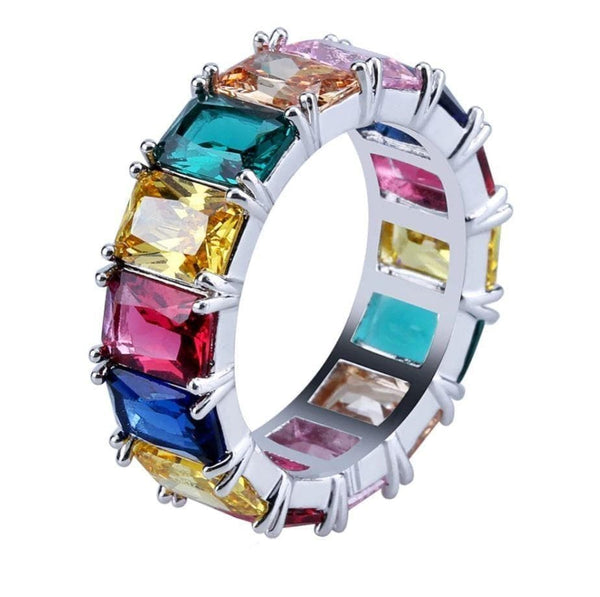 Iced Up London Ring 7 / White Gold Plated Iced Out Ring <br> Rainbow Tennis <br> (White Gold)