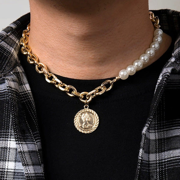 Iced Up London Pearl Necklace <br> Golden Medallion
